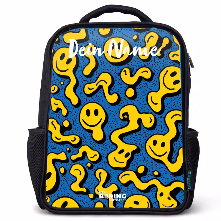 Kinderrucksack mit Namen - Schwarz - Smiley - Gelb - Blau — 1