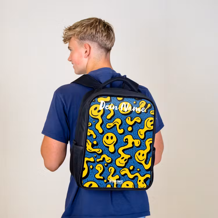 Kinderrucksack mit Namen - Schwarz - Smiley - Gelb - Blau — 3