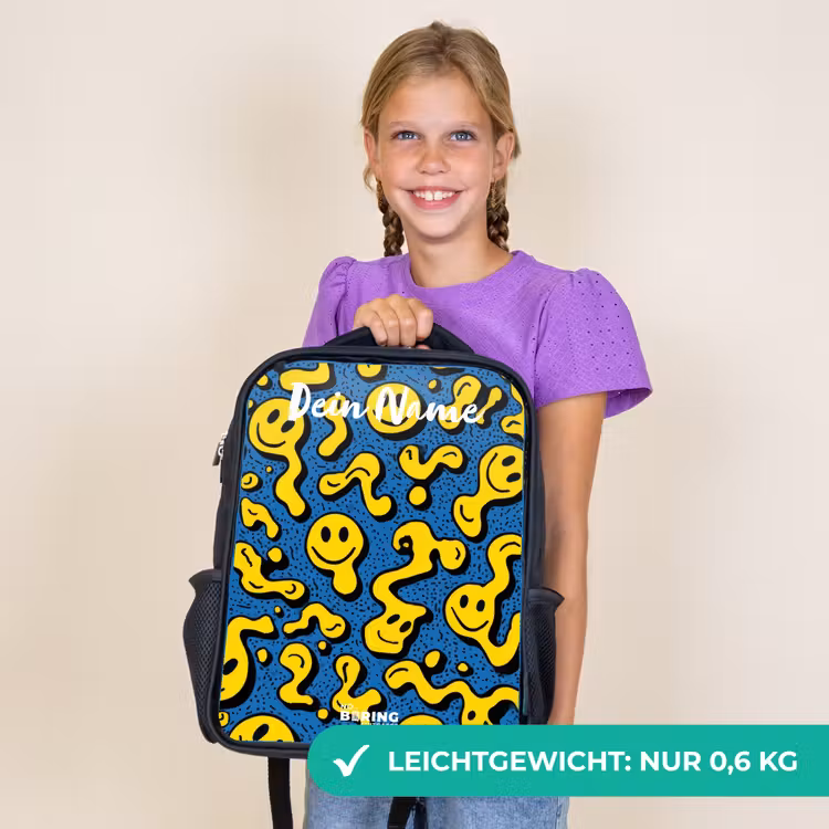 Kinderrucksack mit Namen - Schwarz - Smiley - Gelb - Blau — 7