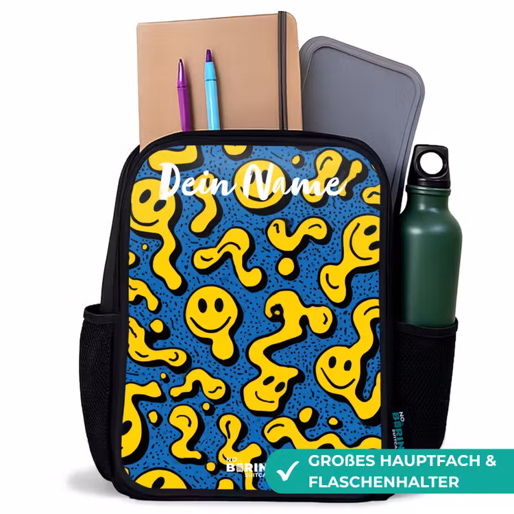 Kinderrucksack mit Namen - Schwarz - Smiley - Gelb - Blau — 8