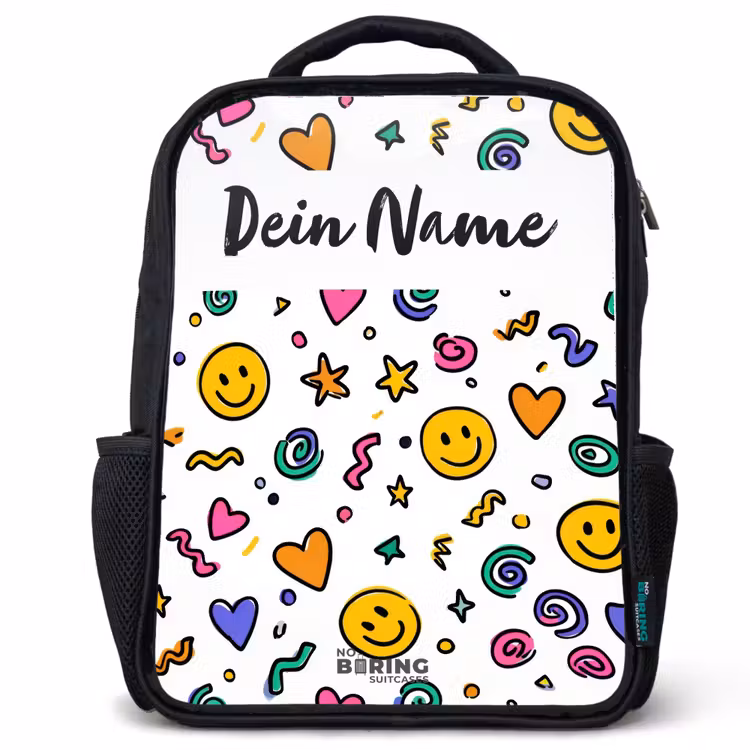 Kinderrucksack mit Namen - Schwarz - Smiley - Herz - Stern — 1