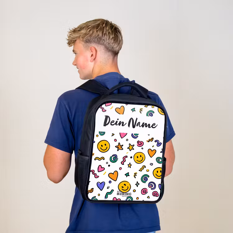 Kinderrucksack mit Namen - Schwarz - Smiley - Herz - Stern — 3