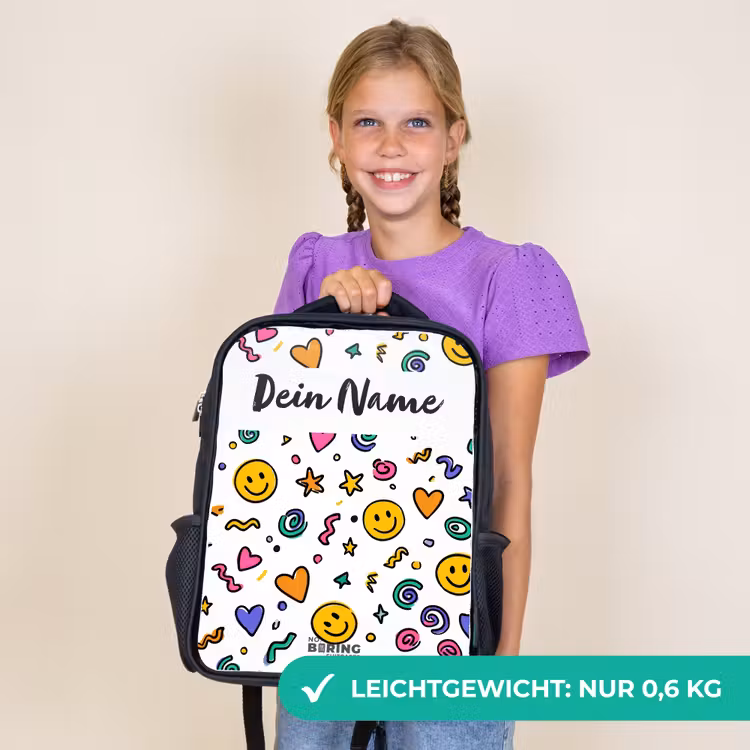 Kinderrucksack mit Namen - Schwarz - Smiley - Herz - Stern — 7