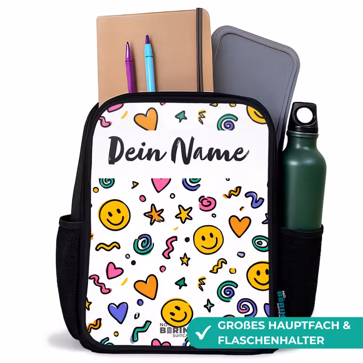 Kinderrucksack mit Namen - Schwarz - Smiley - Herz - Stern — 8