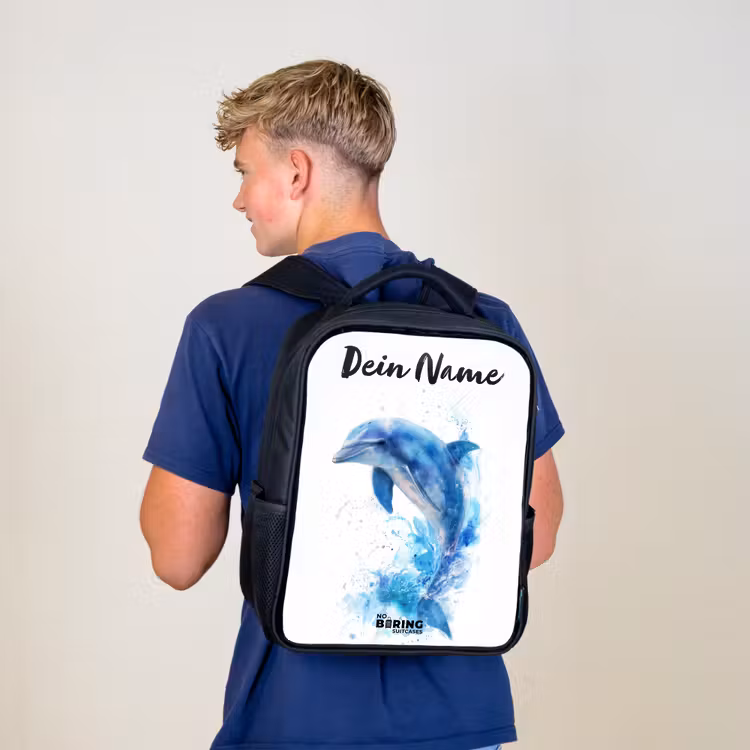 Kinderrucksack mit Namen - Schwarz - Springender blauer Delfin — 3