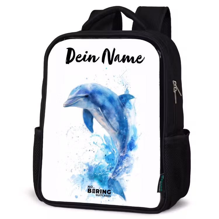 Kinderrucksack mit Namen - Schwarz - Springender blauer Delfin — 4