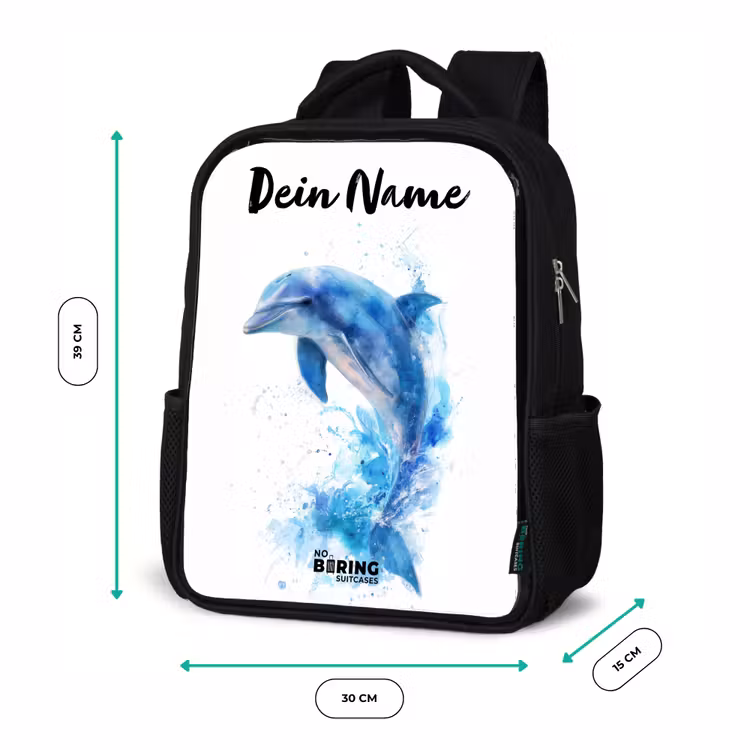 Kinderrucksack mit Namen - Schwarz - Springender blauer Delfin — 6