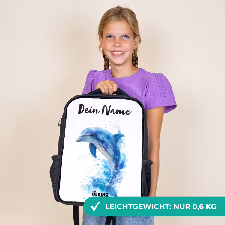 Kinderrucksack mit Namen - Schwarz - Springender blauer Delfin — 7