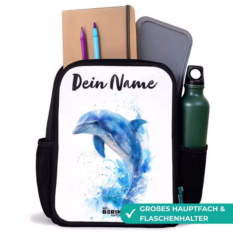 Kinderrucksack mit Namen - Schwarz - Springender blauer Delfin — 8
