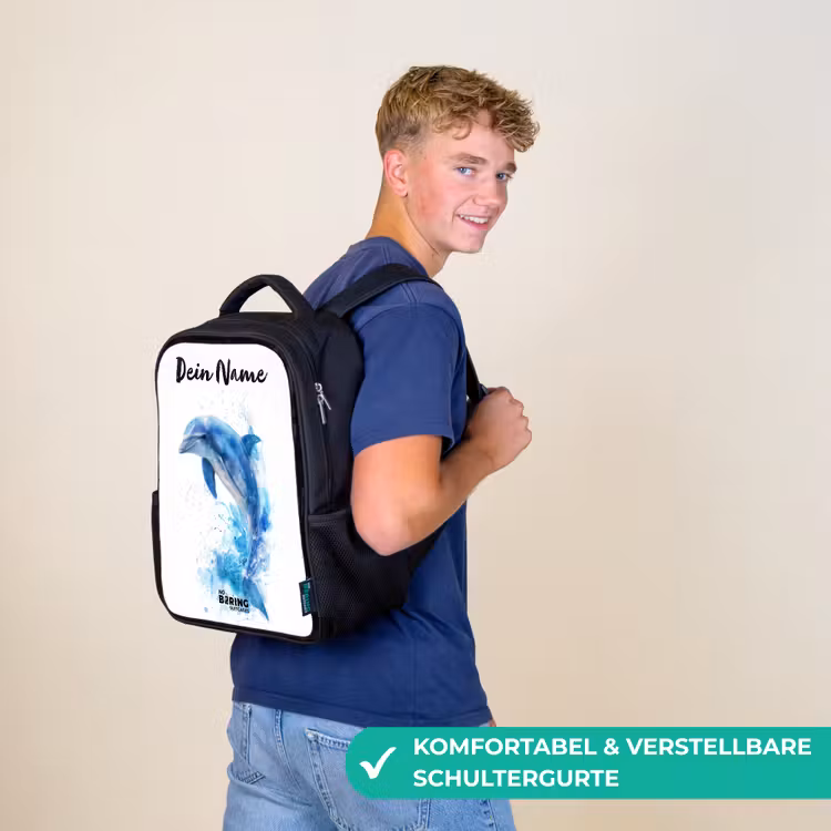 Kinderrucksack mit Namen - Schwarz - Springender blauer Delfin — 9