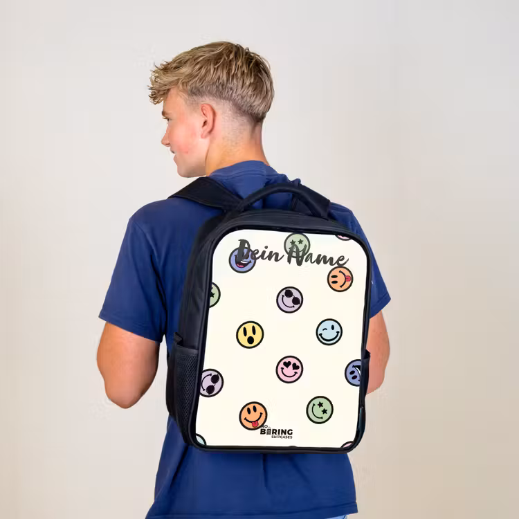 Kinderrucksack mit Namen - Schwarz - Verspielter Smiley-Mix — 3
