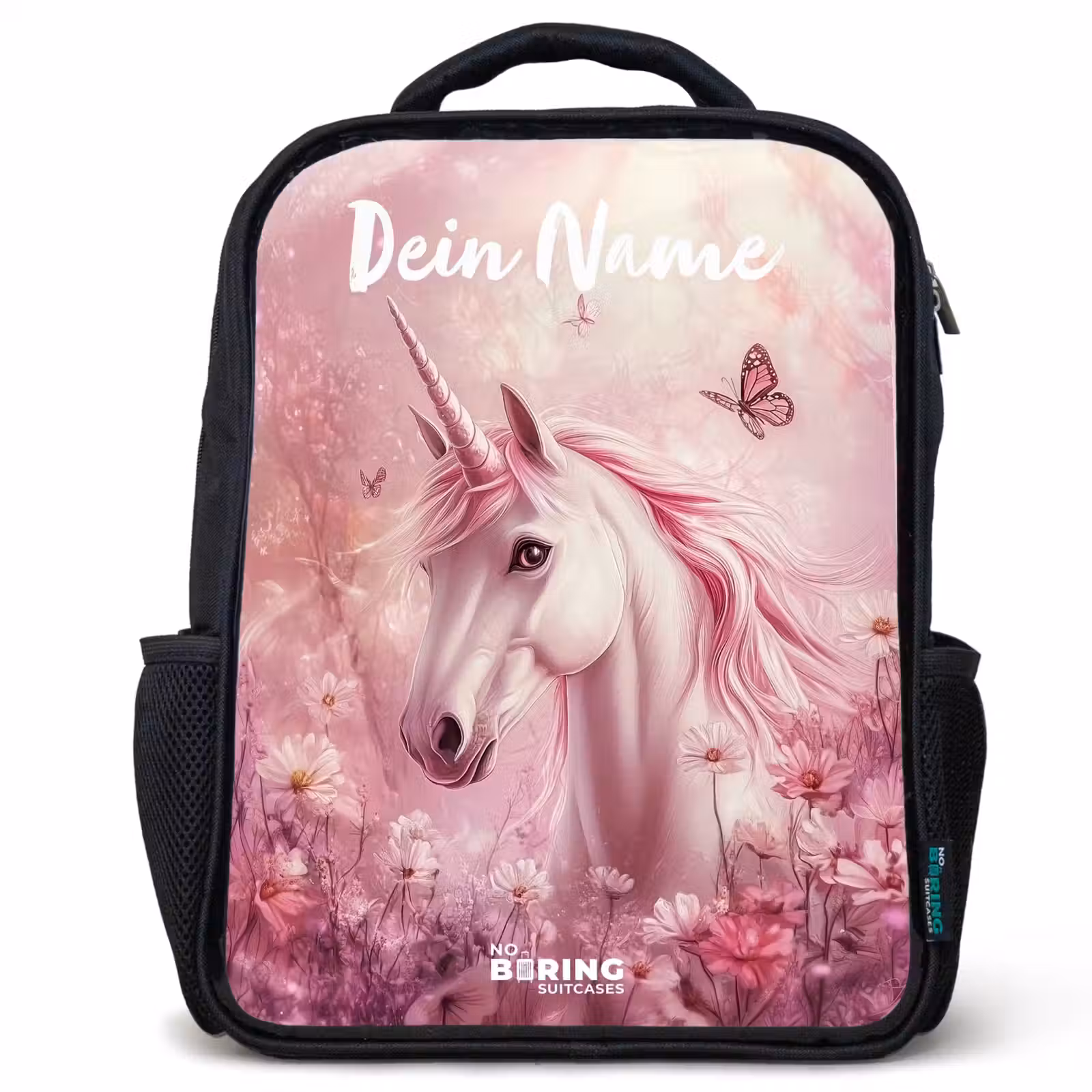 Kinderrucksack mit Namen - Schwarz - Einhorn - Rosa - Schmetterling - Blumen — 1