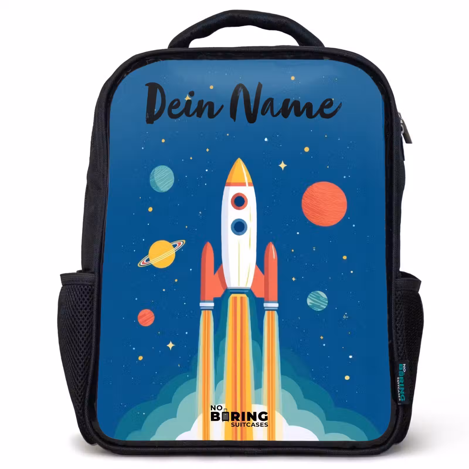 Kinderrucksack mit Namen - Schwarz - Rakete - Planet - Sterne - Mehrfarbig — 1
