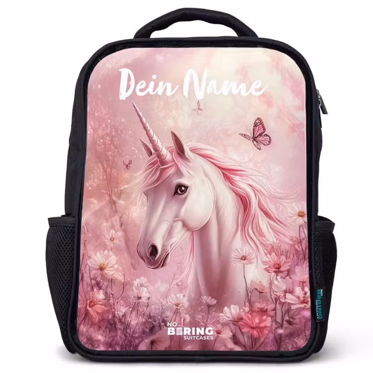 Kinderrucksack mit Namen - Schwarz - Einhorn - Rosa - Schmetterling - Blumen — 1