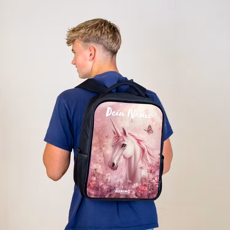 Kinderrucksack mit Namen - Schwarz - Einhorn - Rosa - Schmetterling - Blumen — 3