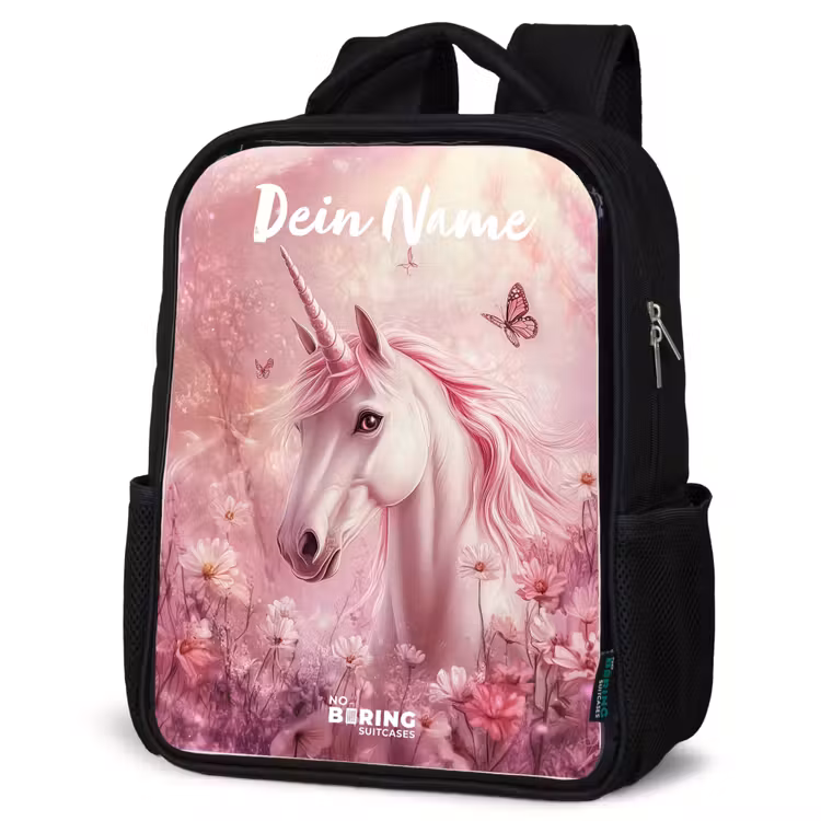 Kinderrucksack mit Namen - Schwarz - Einhorn - Rosa - Schmetterling - Blumen — 4