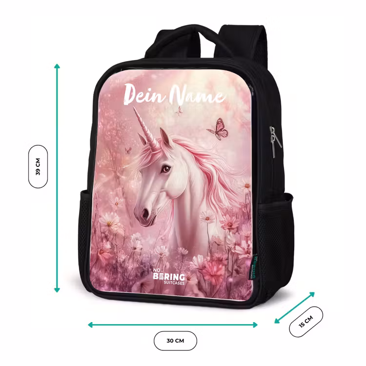 Kinderrucksack mit Namen - Schwarz - Einhorn - Rosa - Schmetterling - Blumen — 6