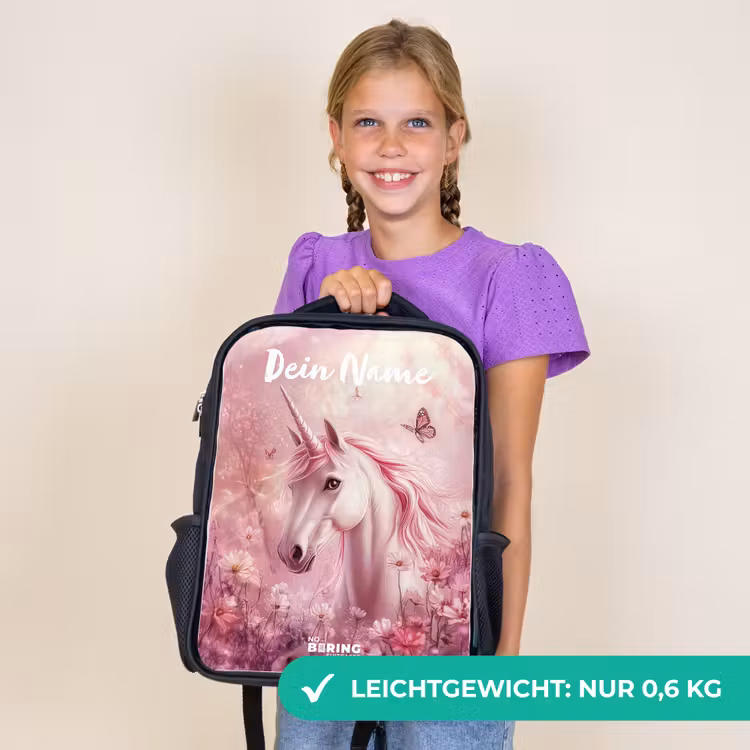 Kinderrucksack mit Namen - Schwarz - Einhorn - Rosa - Schmetterling - Blumen — 7
