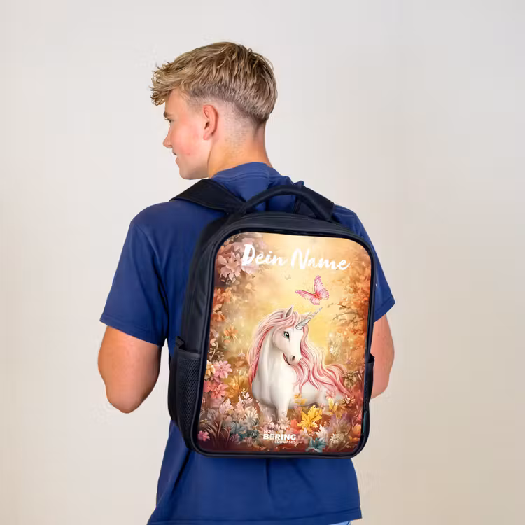 Kinderrucksack mit Namen - Schwarz - Einhorn - Schmetterling - Rosa - Mähne — 3