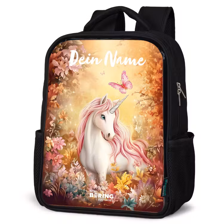 Kinderrucksack mit Namen - Schwarz - Einhorn - Schmetterling - Rosa - Mähne — 4