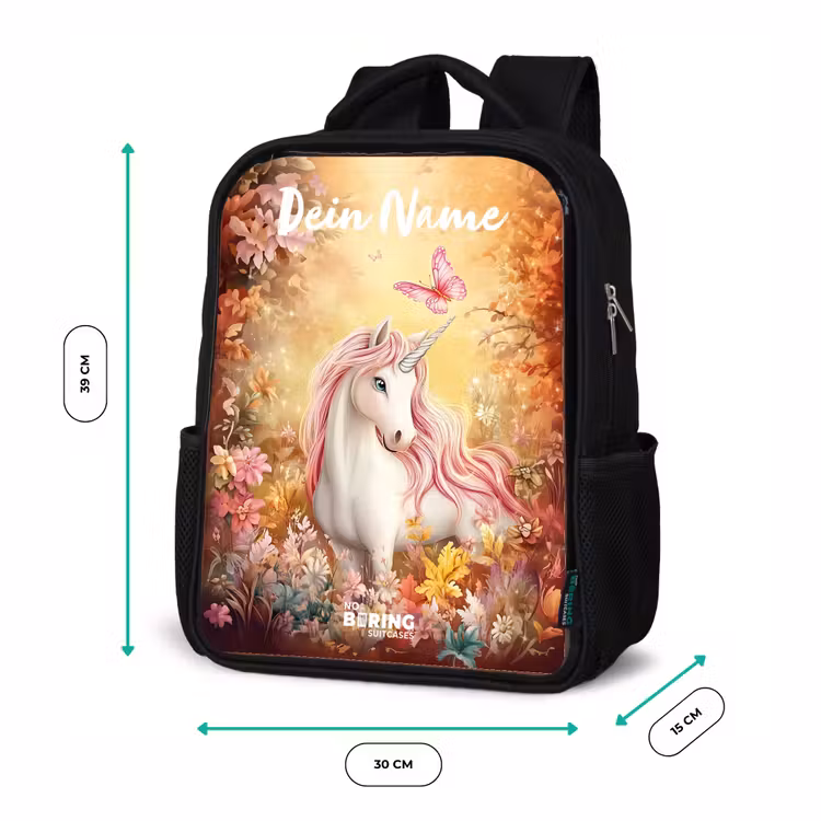 Kinderrucksack mit Namen - Schwarz - Einhorn - Schmetterling - Rosa - Mähne — 6