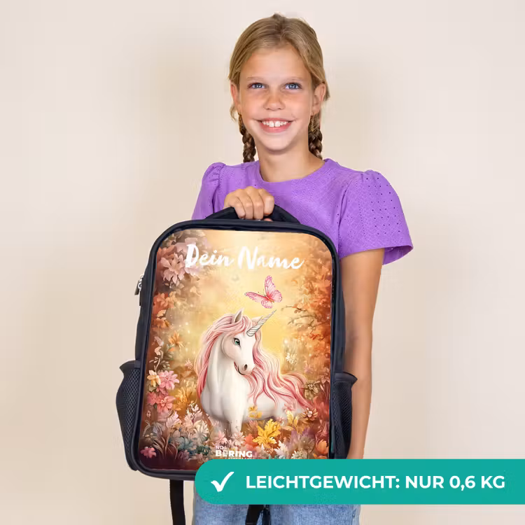 Kinderrucksack mit Namen - Schwarz - Einhorn - Schmetterling - Rosa - Mähne — 7