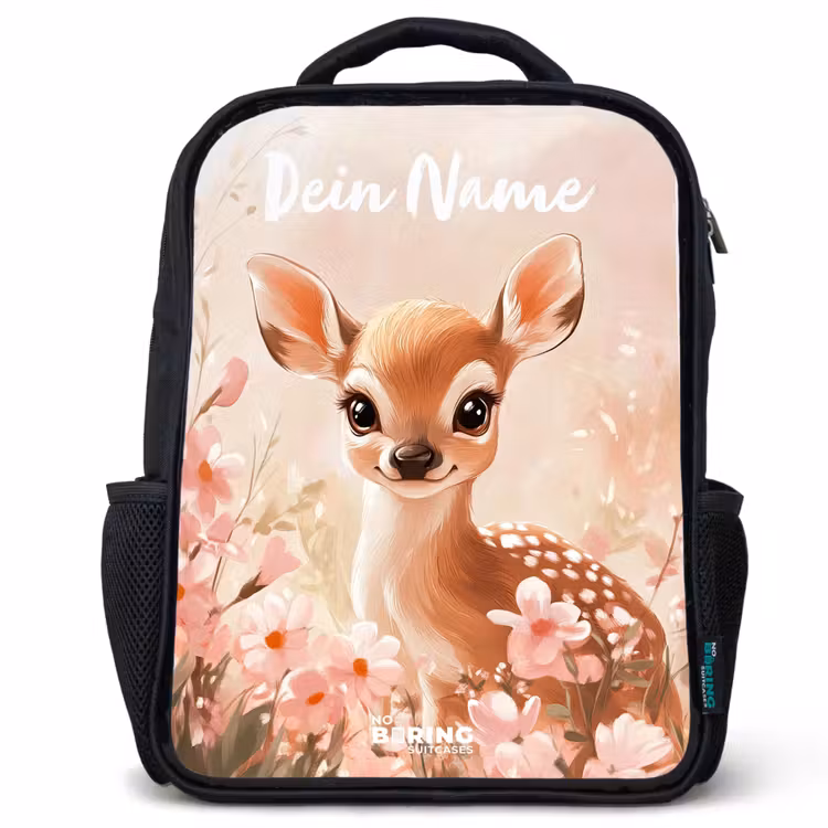 Kinderrucksack mit Namen - Schwarz - Hirsche - Blumen - Punkte - Rosa — 1