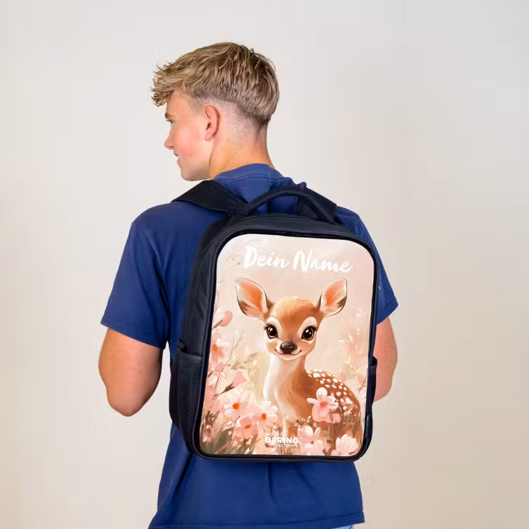 Kinderrucksack mit Namen - Schwarz - Hirsche - Blumen - Punkte - Rosa — 3