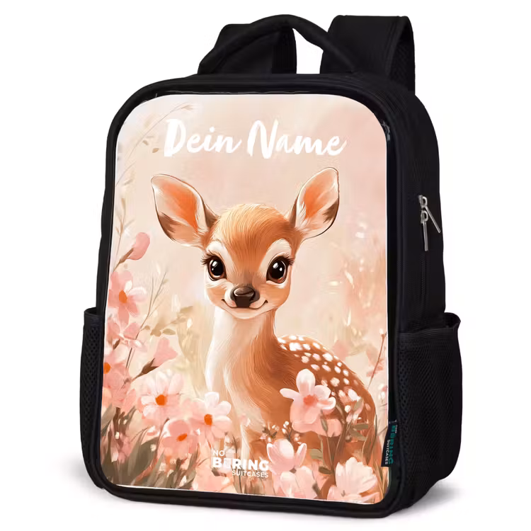 Kinderrucksack mit Namen - Schwarz - Hirsche - Blumen - Punkte - Rosa — 4