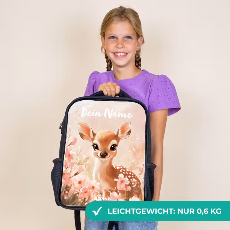 Kinderrucksack mit Namen - Schwarz - Hirsche - Blumen - Punkte - Rosa — 7