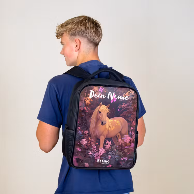 Kinderrucksack mit Namen - Schwarz - Pferd - Blumen - Lila - Schmetterling — 3