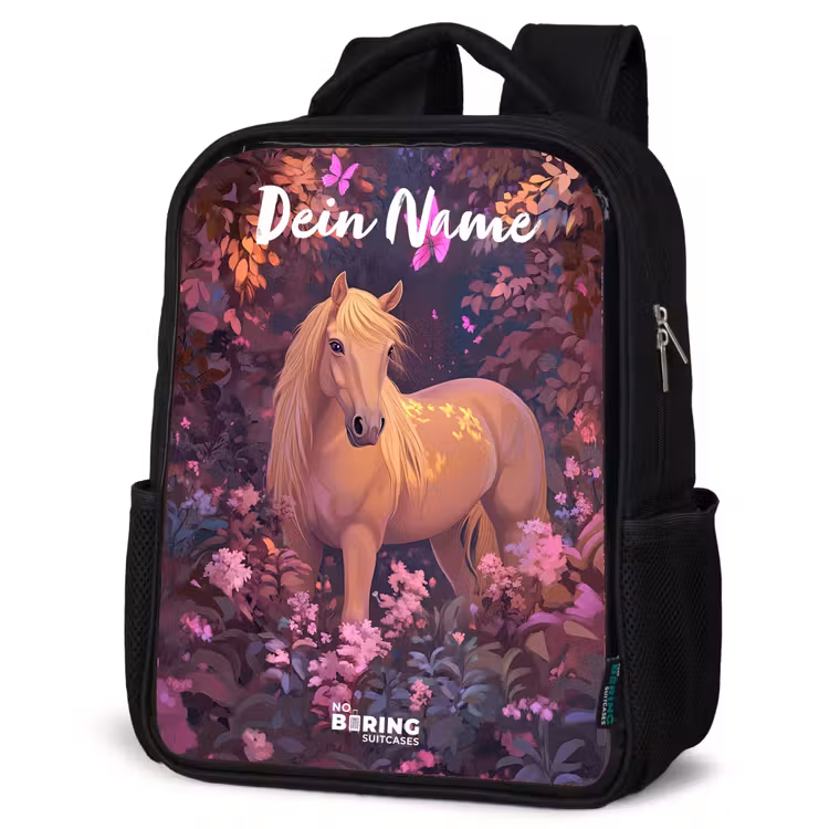 Kinderrucksack mit Namen - Schwarz - Pferd - Blumen - Lila - Schmetterling — 4