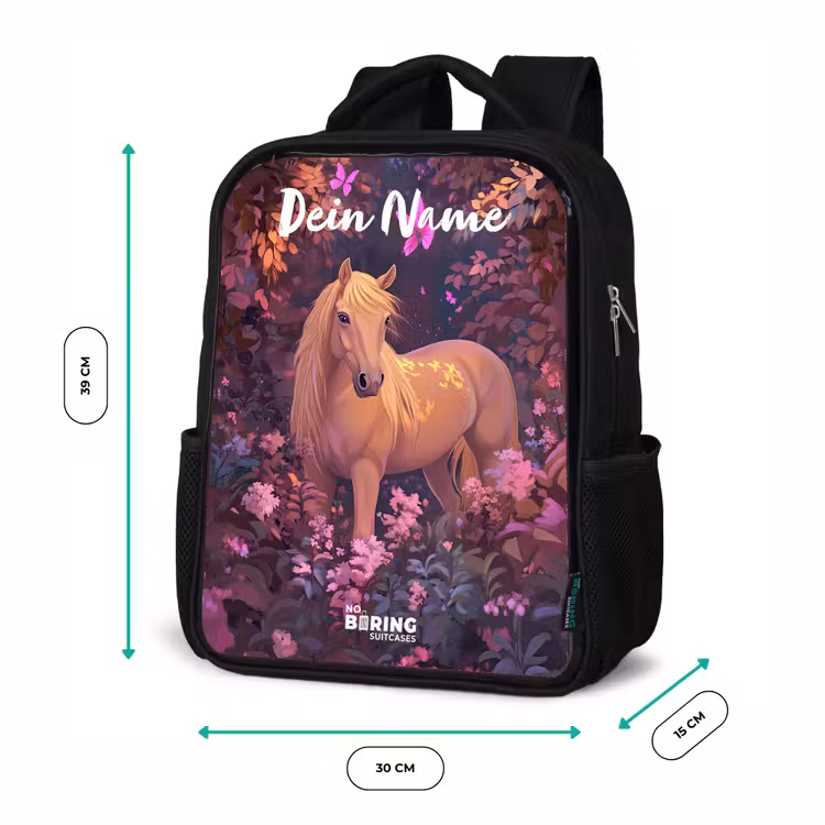 Kinderrucksack mit Namen - Schwarz - Pferd - Blumen - Lila - Schmetterling — 6