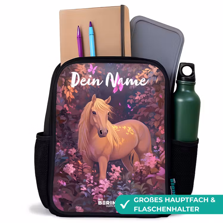 Kinderrucksack mit Namen - Schwarz - Pferd - Blumen - Lila - Schmetterling — 8