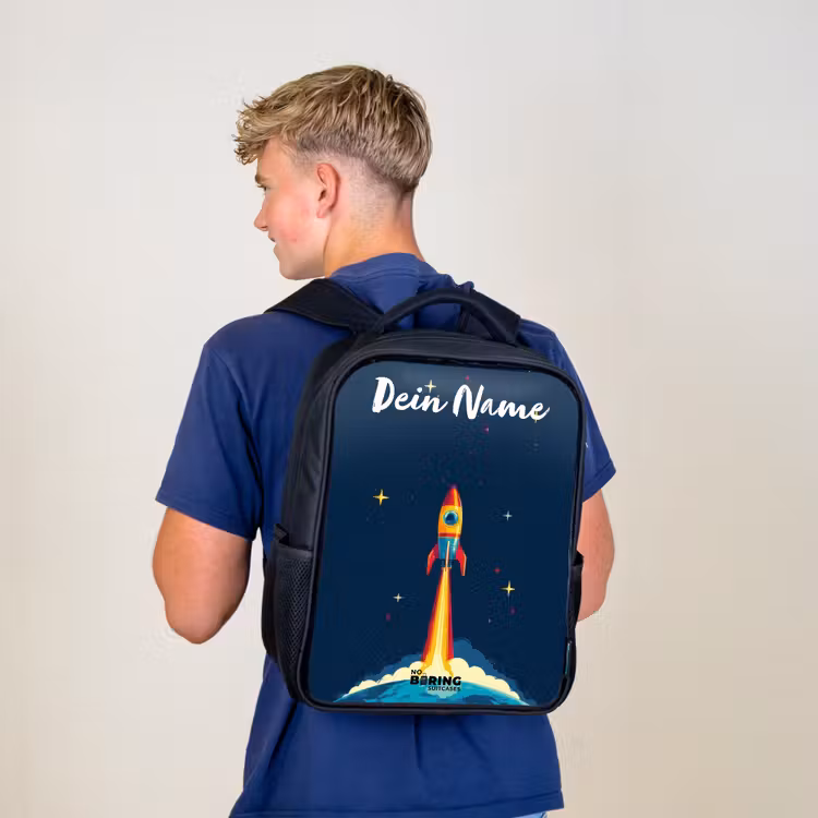 Kinderrucksack mit Namen - Schwarz - Planet - Rakete - Sterne - Dunkelblau — 3
