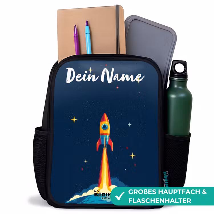 Kinderrucksack mit Namen - Schwarz - Planet - Rakete - Sterne - Dunkelblau — 8