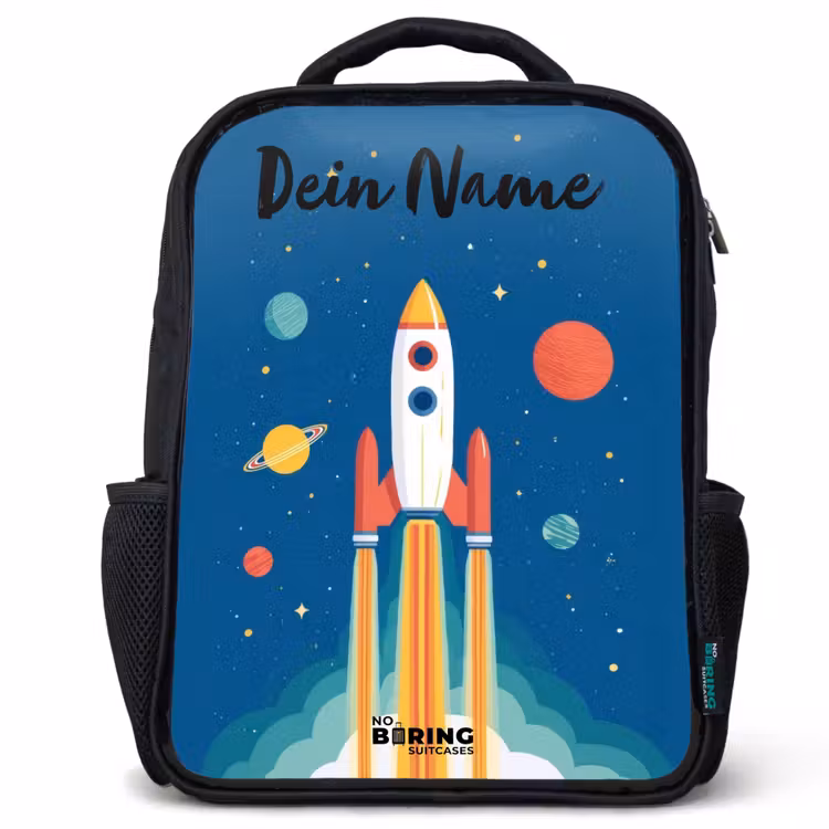 Kinderrucksack mit Namen - Schwarz - Rakete - Planet - Sterne - Mehrfarbig — 1