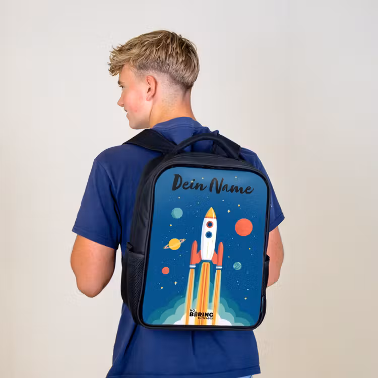 Kinderrucksack mit Namen - Schwarz - Rakete - Planet - Sterne - Mehrfarbig — 3