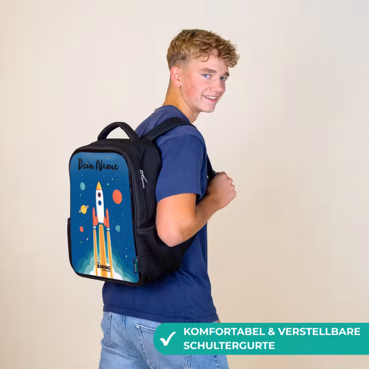 Kinderrucksack mit Namen - Schwarz - Rakete - Planet - Sterne - Mehrfarbig — 9