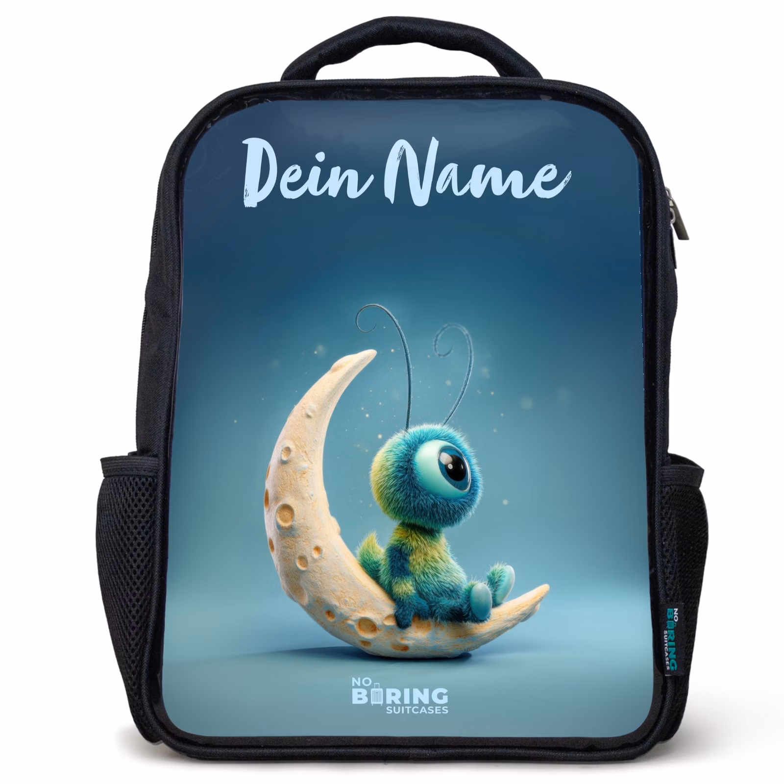 Kinderrucksack mit Namen - Schwarz - Verträumte Kreatur auf dem Mond — 1
