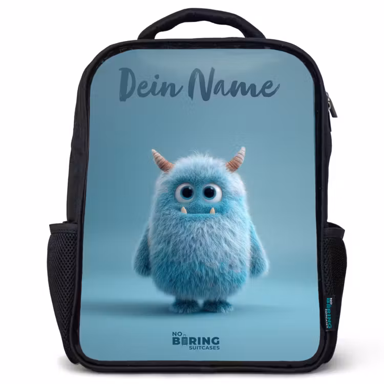 Kinderrucksack mit Namen - Schwarz - Blaues Plüschmonster mit Hörnern — 1
