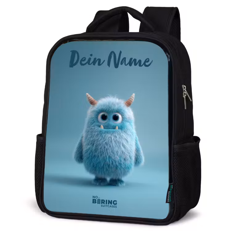 Kinderrucksack mit Namen - Schwarz - Blaues Plüschmonster mit Hörnern — 4