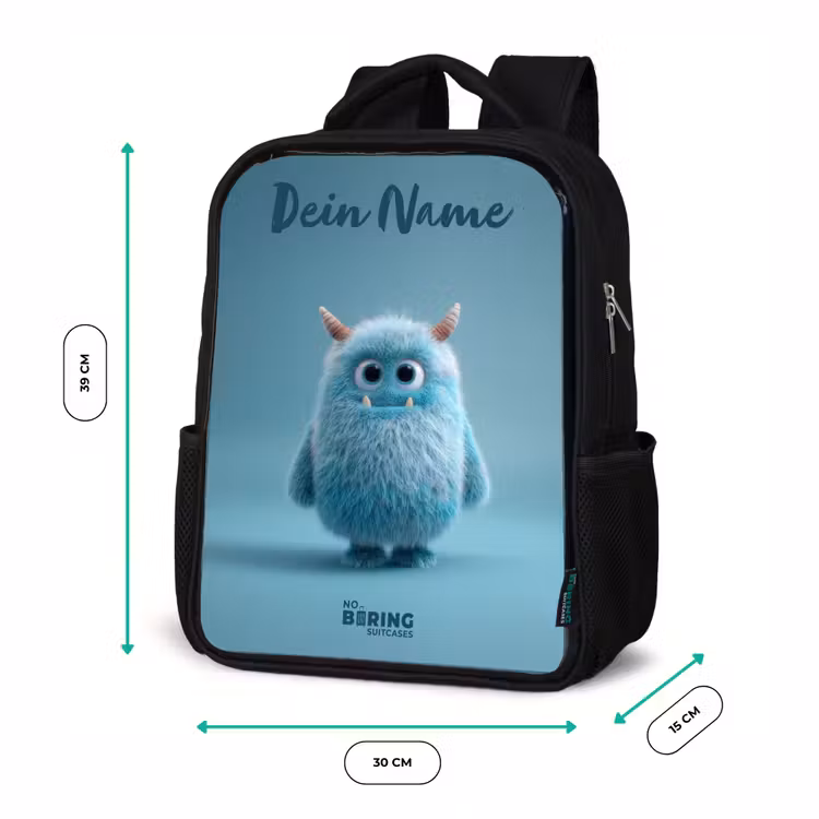 Kinderrucksack mit Namen - Schwarz - Blaues Plüschmonster mit Hörnern — 6