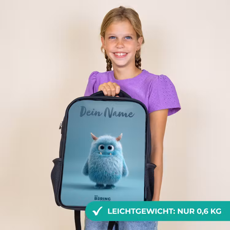 Kinderrucksack mit Namen - Schwarz - Blaues Plüschmonster mit Hörnern — 7