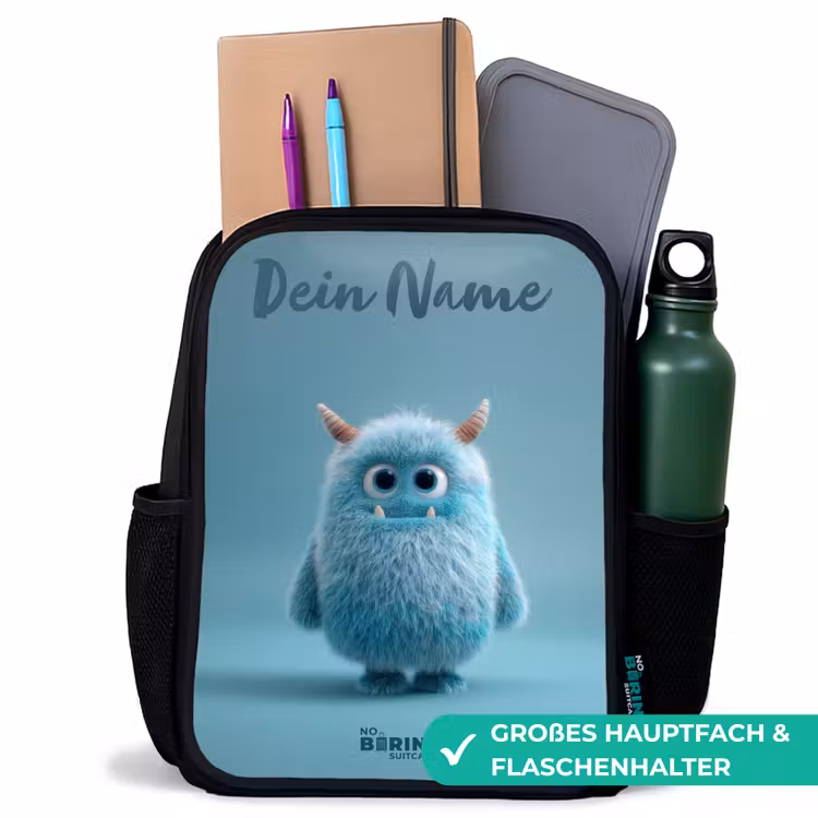Kinderrucksack mit Namen - Schwarz - Blaues Plüschmonster mit Hörnern — 8