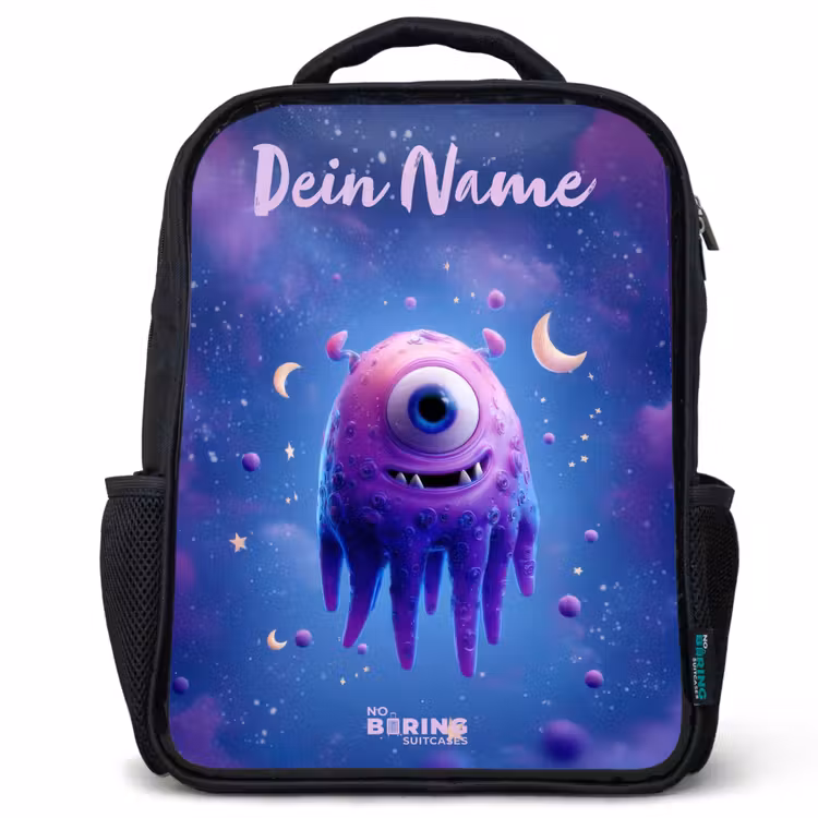Kinderrucksack mit Namen - Schwarz - Fröhliches Augenpaar im Weltraum — 1