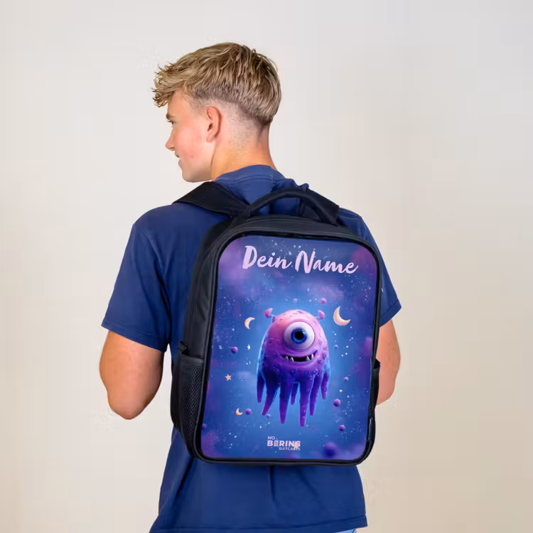 Kinderrucksack mit Namen - Schwarz - Fröhliches Augenpaar im Weltraum — 3