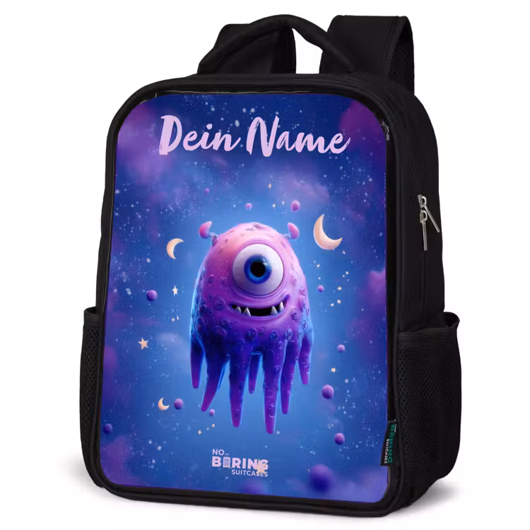 Kinderrucksack mit Namen - Schwarz - Fröhliches Augenpaar im Weltraum — 4
