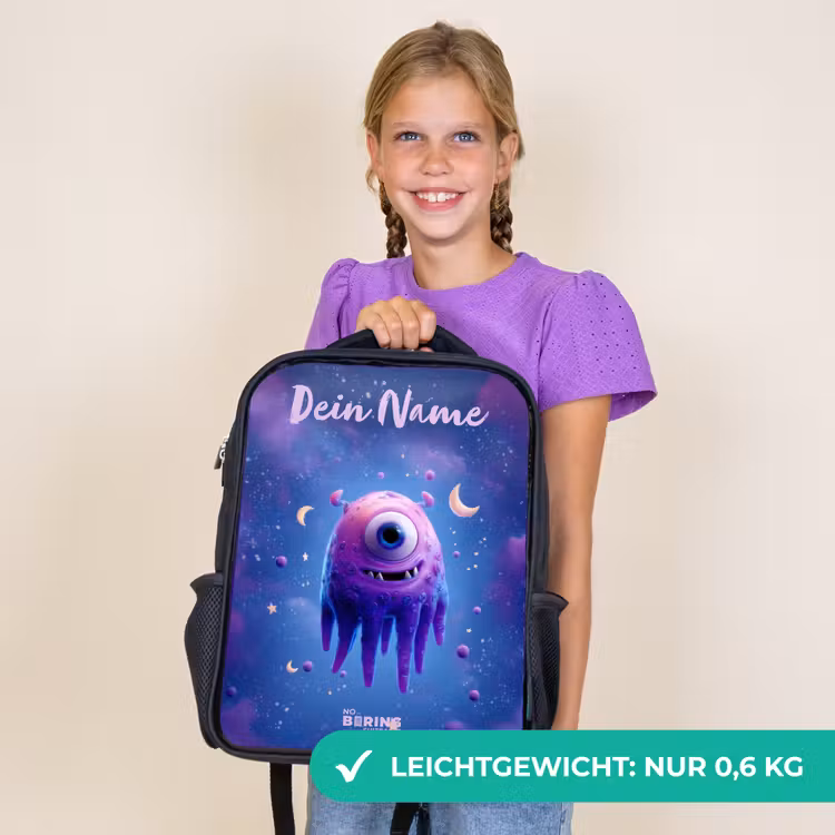 Kinderrucksack mit Namen - Schwarz - Fröhliches Augenpaar im Weltraum — 7