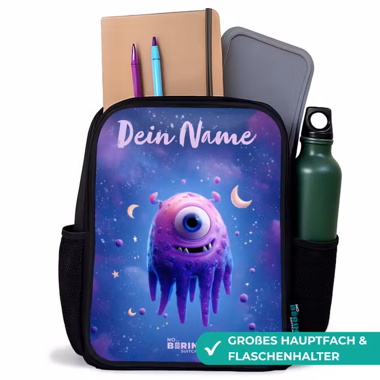 Kinderrucksack mit Namen - Schwarz - Fröhliches Augenpaar im Weltraum — 8